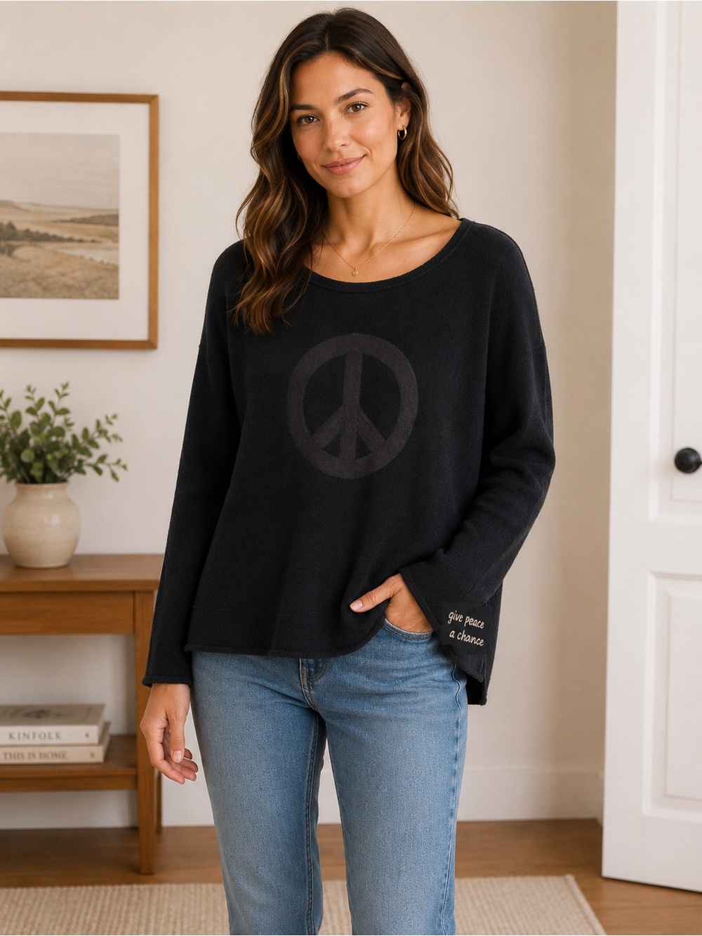 Black Cashmere Sweater with 'Give Peace a Chance'